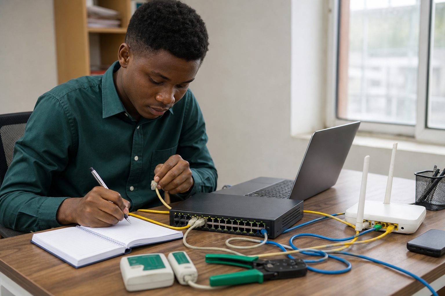A Nigerian computer science intern documenting a network cable test beside a switch, router, and laptop