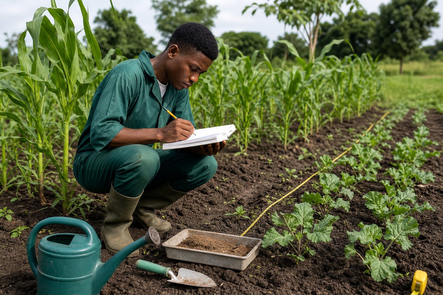 A Nigerian agricultural student recording crop measurements beside maize and vegetable rows