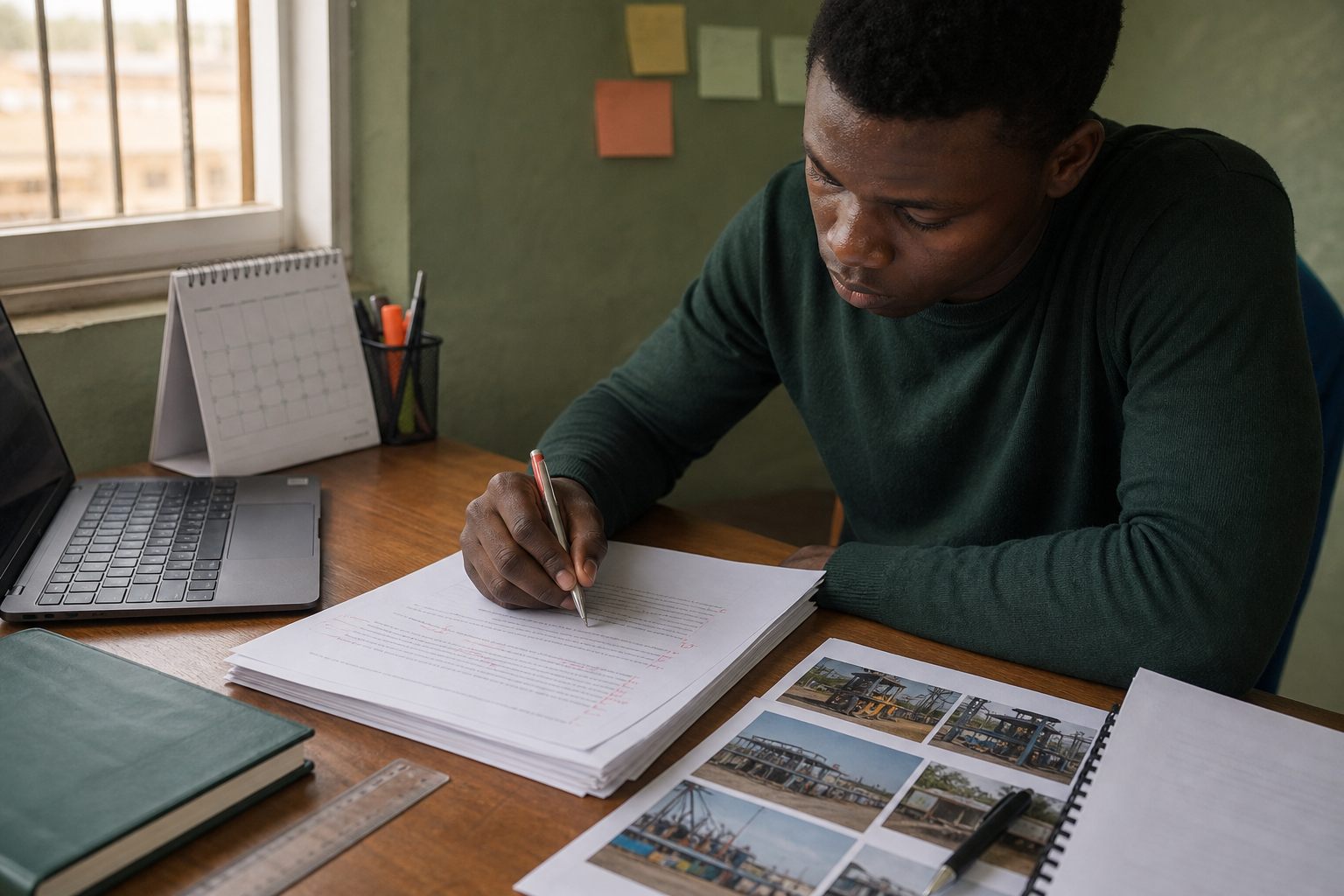 A Nigerian student correcting dates and details in a printed industrial training report