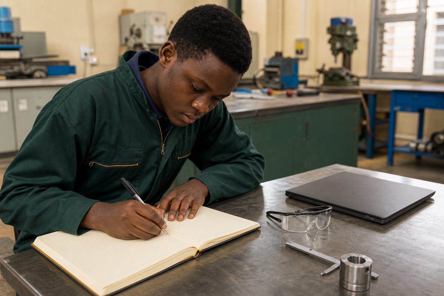 A Nigerian engineering student writing a SIWES entry at a workshop bench with practical tools nearby