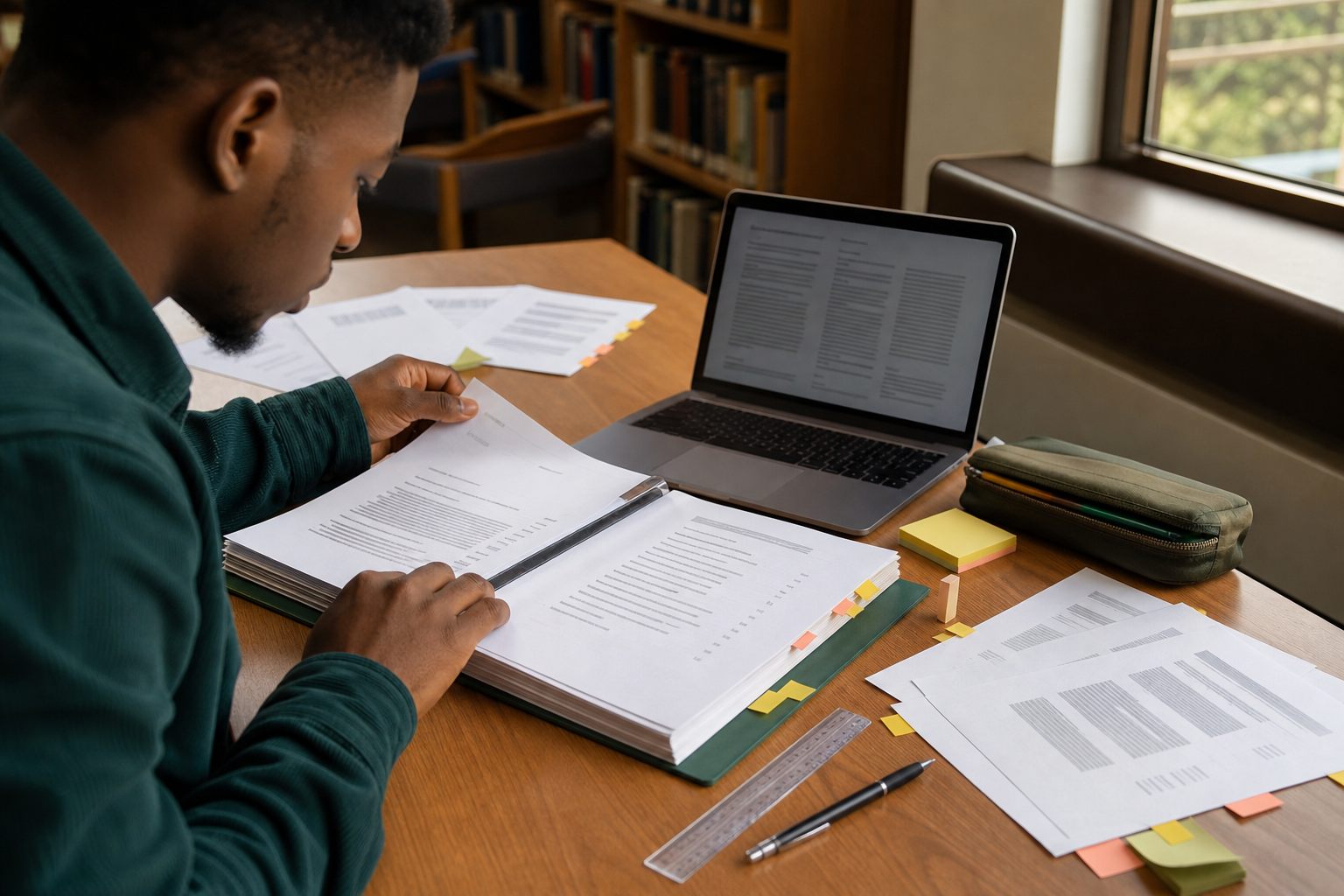 A Nigerian student organizing printed SIWES report chapters beside a laptop in a university library