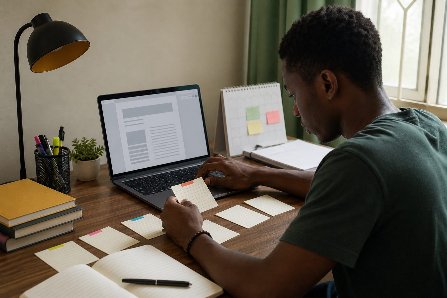 A Nigerian student organizing daily placement notes into a weekly report on a laptop